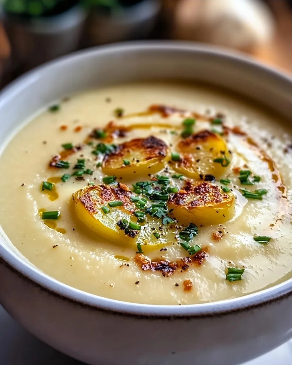 Cremige Kartoffelsuppe mit geröstetem Knoblauch Rezept