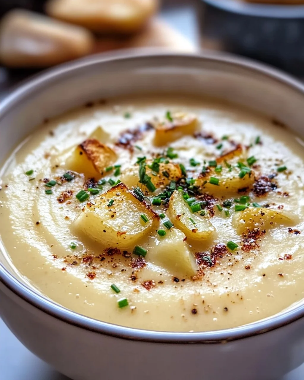 Cremige Kartoffelsuppe mit geröstetem Knoblauch Rezept