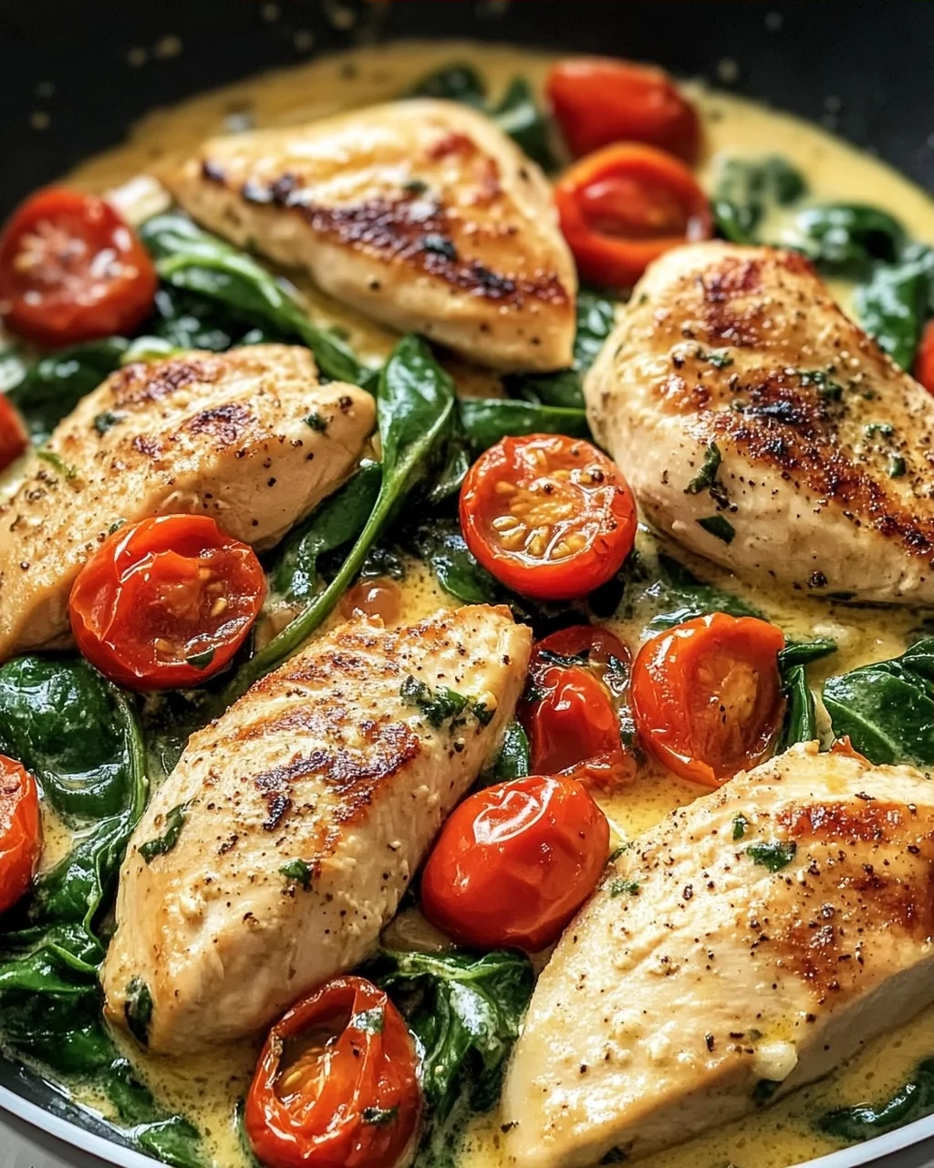 Keto Hähnchen Spinat Tomaten Pfanne: Cremiger Genuss mit Spinat & Tomaten