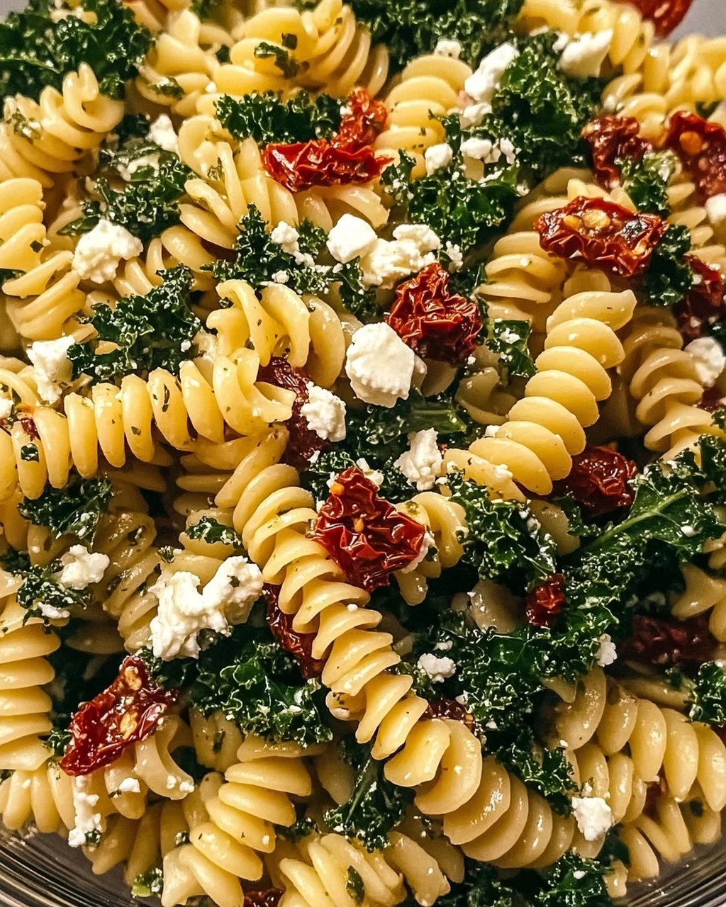 Mediterraner Nudelsalat mit Grünkohl und Feta