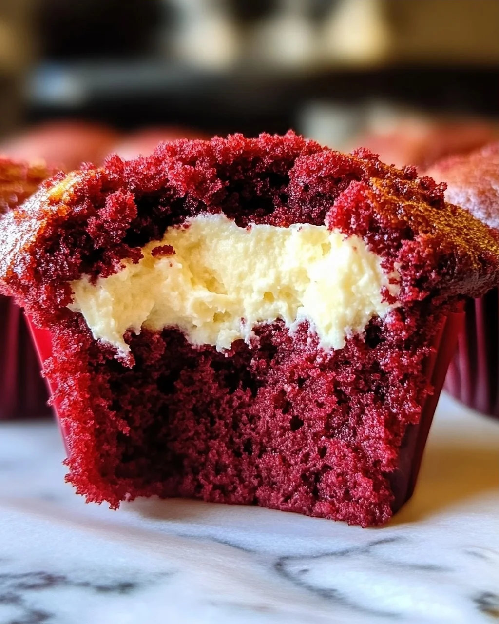 Rote Samtmuffins mit Frischkäsefüllung genießen