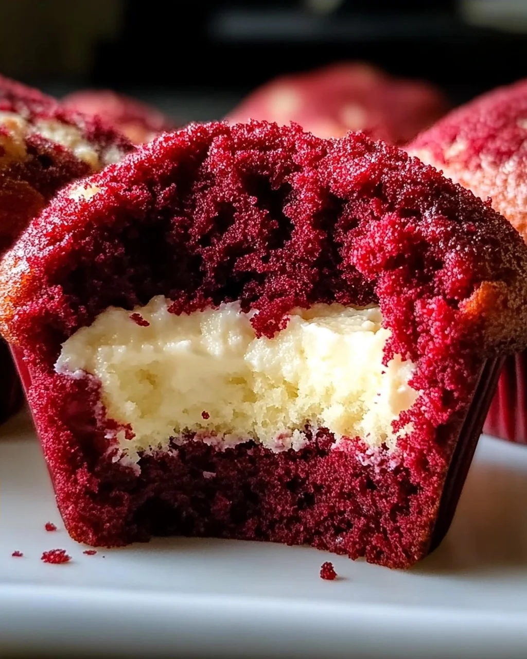 Rote Samtmuffins mit Frischkäsefüllung genießen