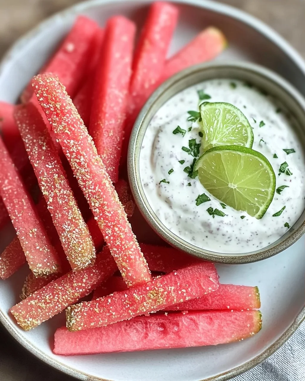 Scharfe Wassermelonen-Pommes mit Kokos-Limetten-Dip