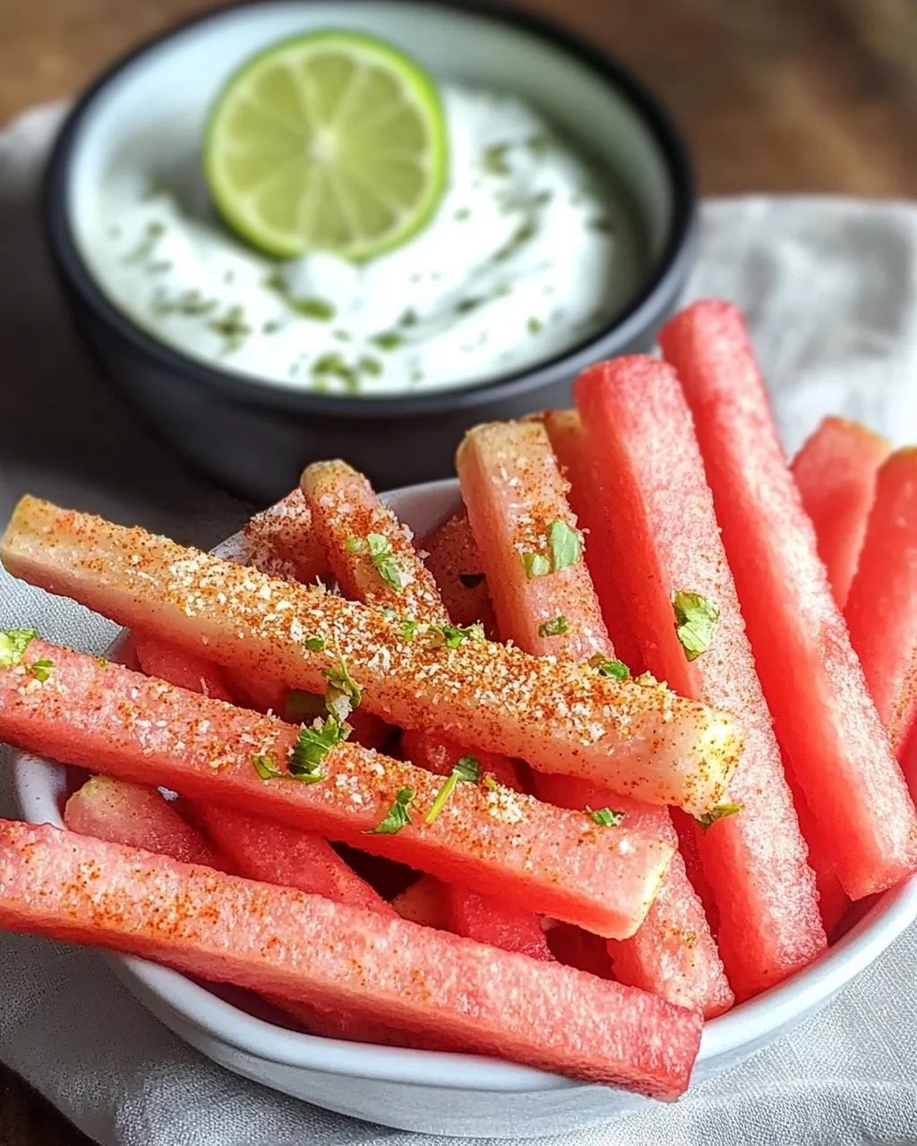 Scharfe Wassermelonen-Pommes mit Kokos-Limetten-Dip