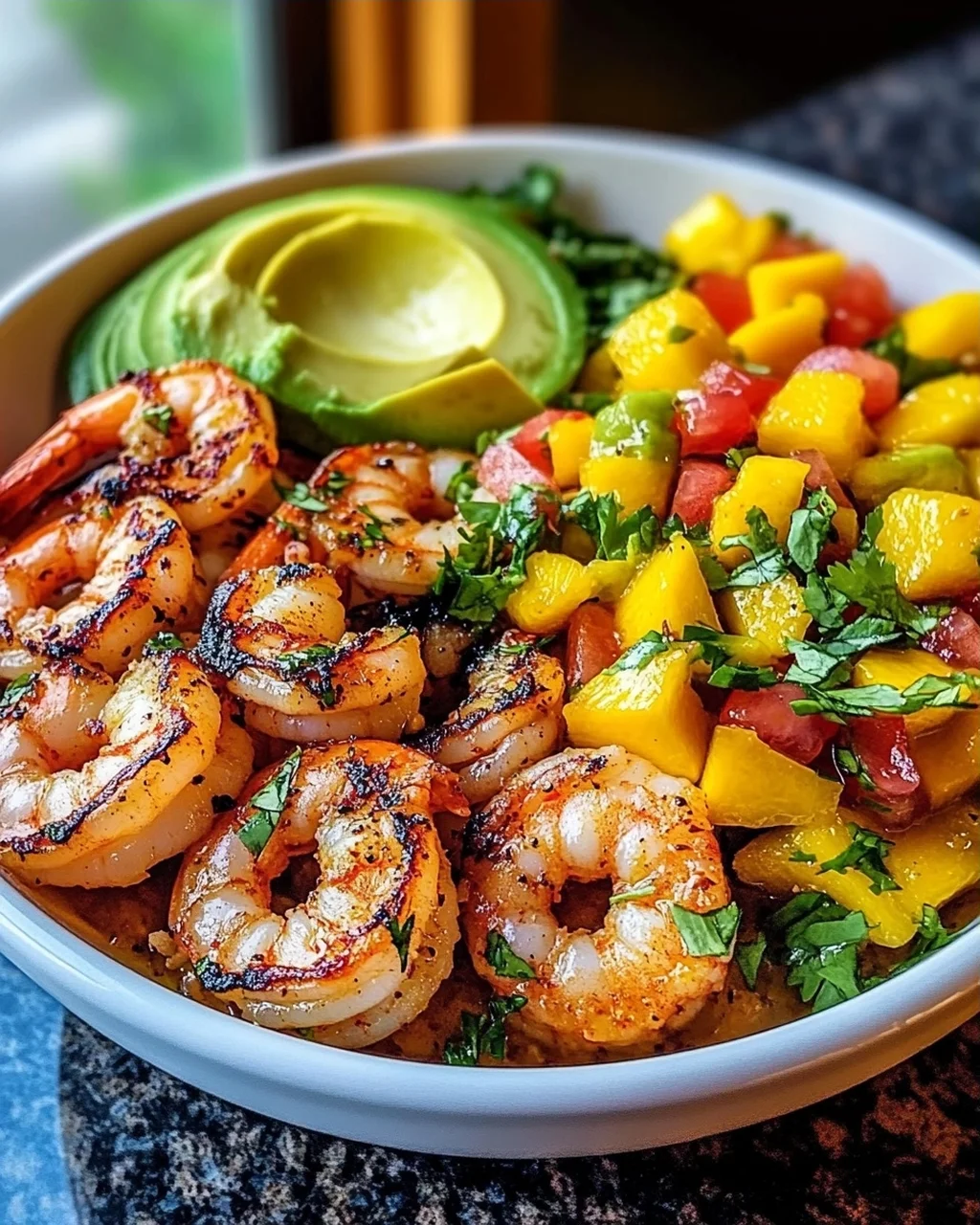 Shrimp-Avocado-Bowls mit Mango-Salsa und Limetten-Chili-Sauce