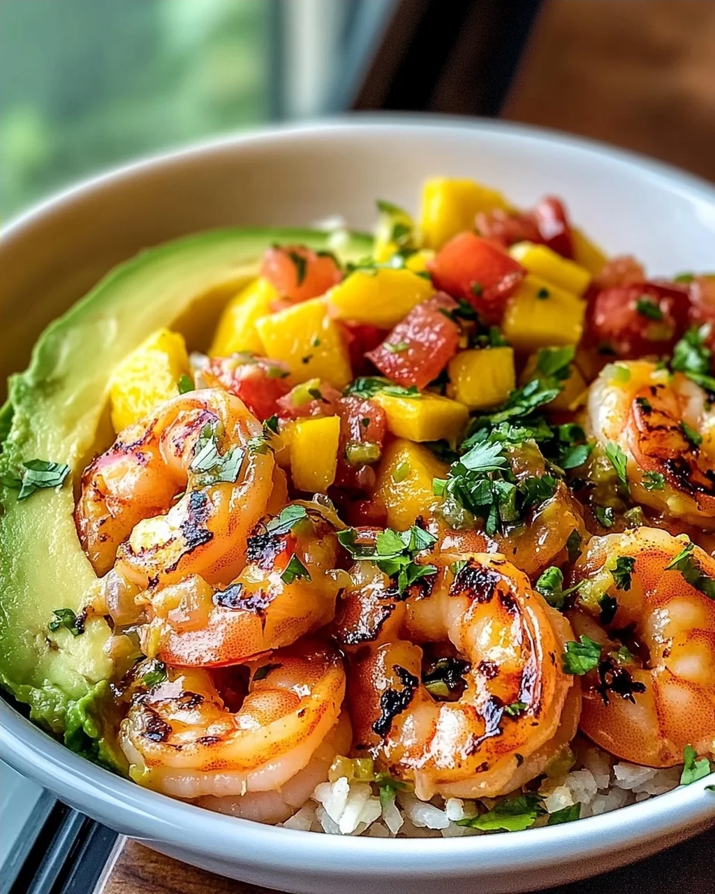 Shrimp-Avocado-Bowls mit Mango-Salsa und Limetten-Chili-Sauce