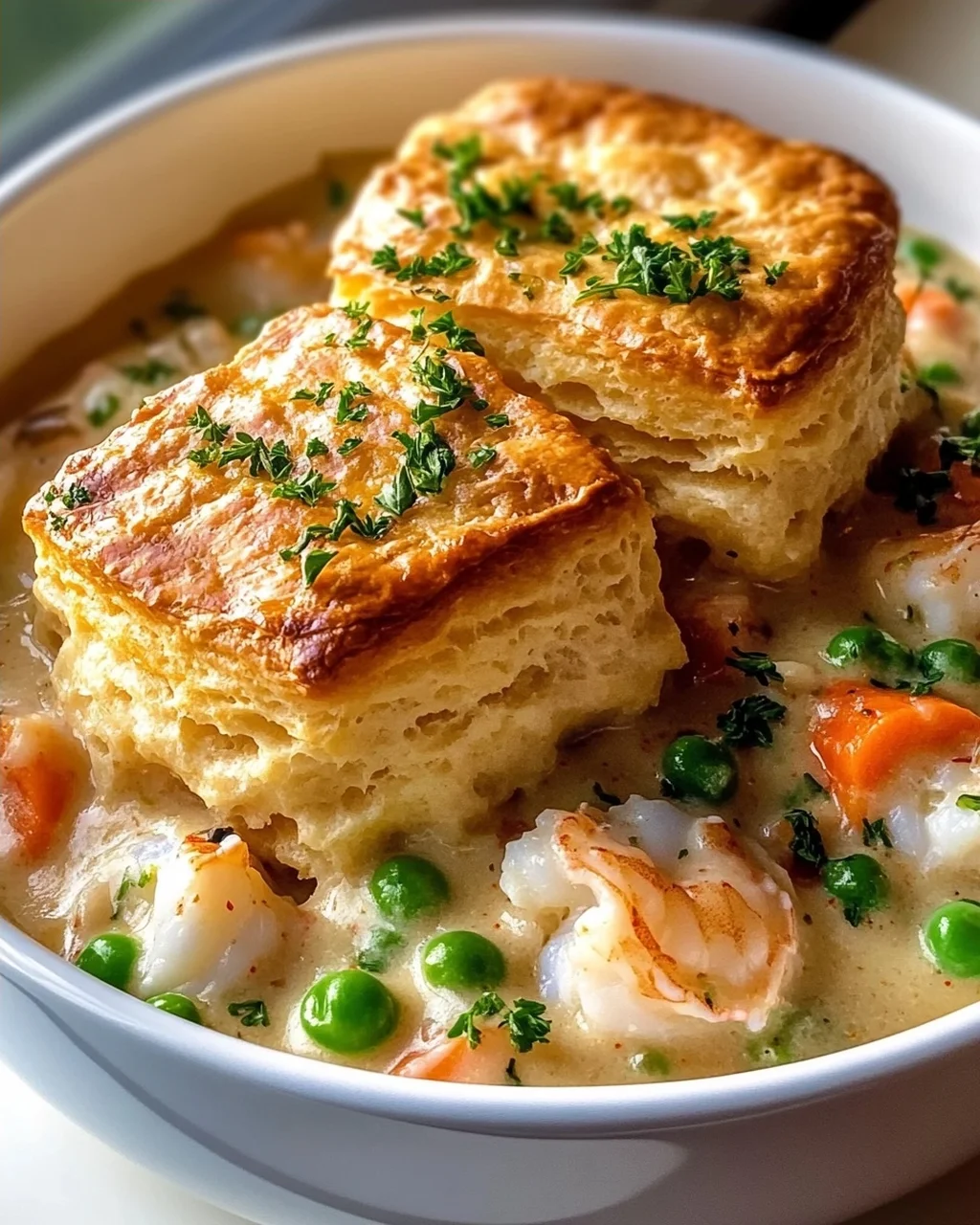 Slow Cooker Cheddar Bay Biscuit Seafood Pot Pie Rezept