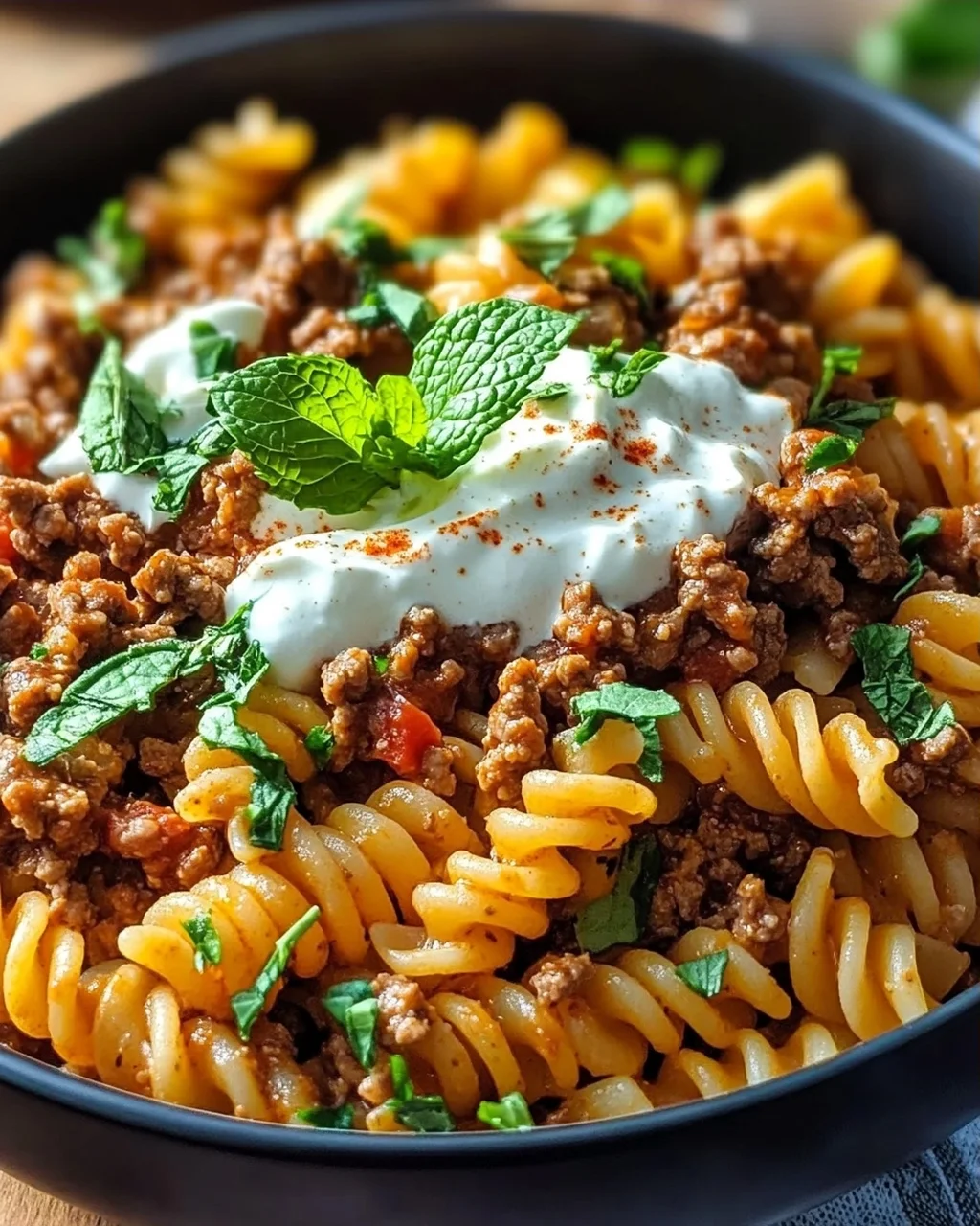 Türkische Pasta mit Hackfleisch und Joghurt-Sauce