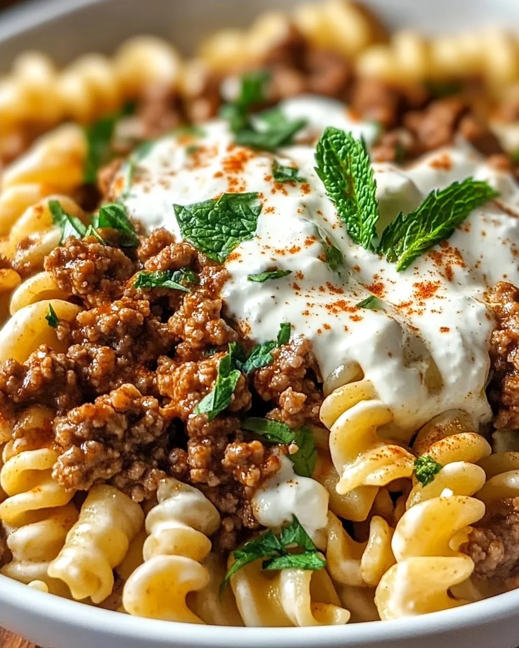 Türkische Pasta mit Hackfleisch und Joghurt-Sauce