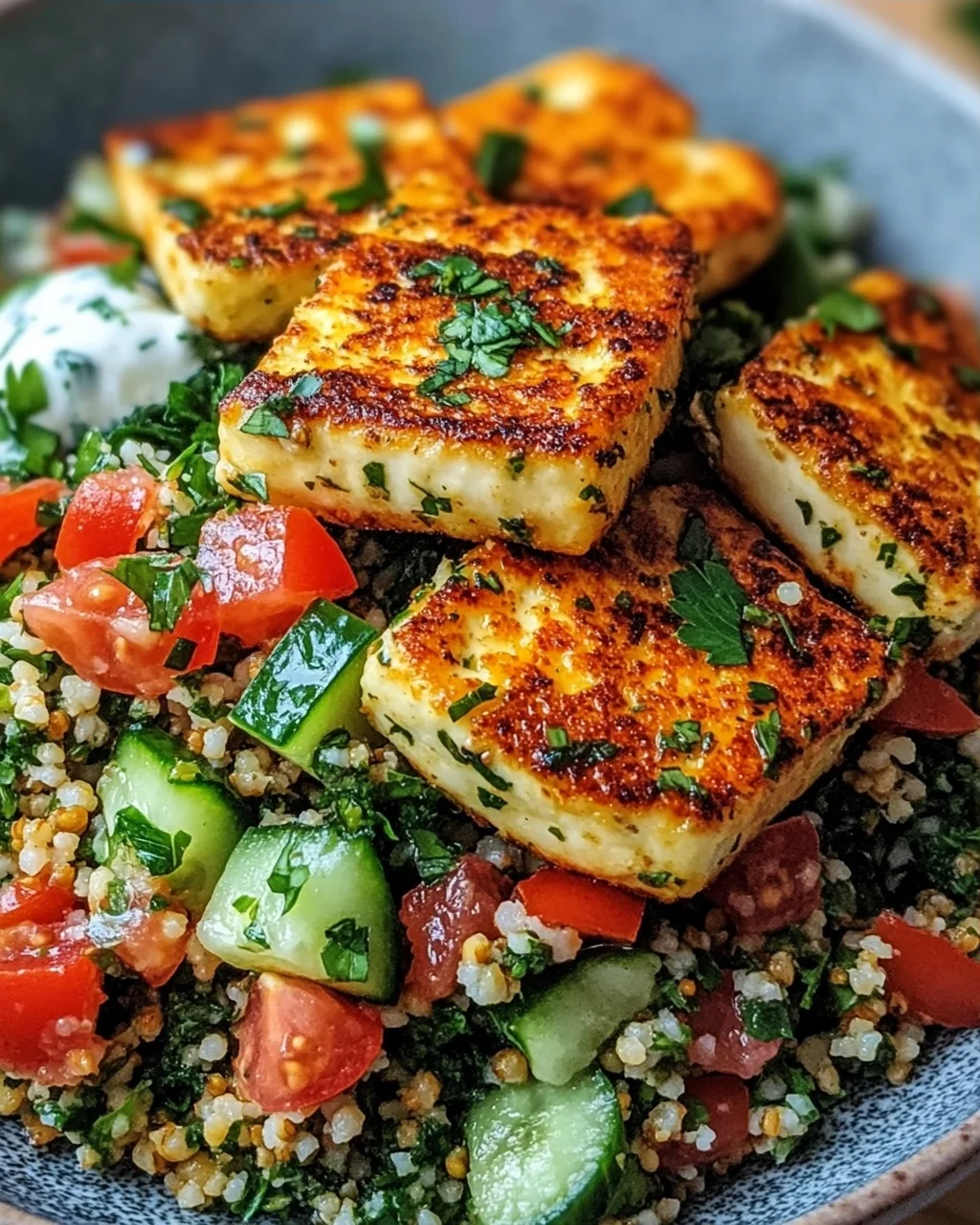 Würziger Halloumi mit Tabbouleh und Minzjoghurt