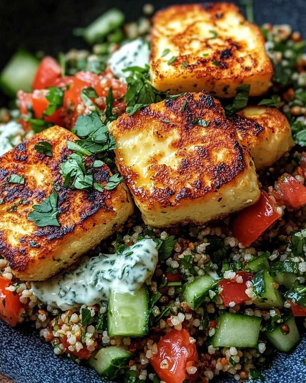 Würziger Halloumi mit Tabbouleh und Minzjoghurt
