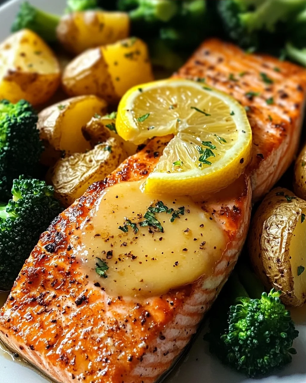 Zitronenbutterlachs mit knusprigen Kartoffeln und Brokkoli