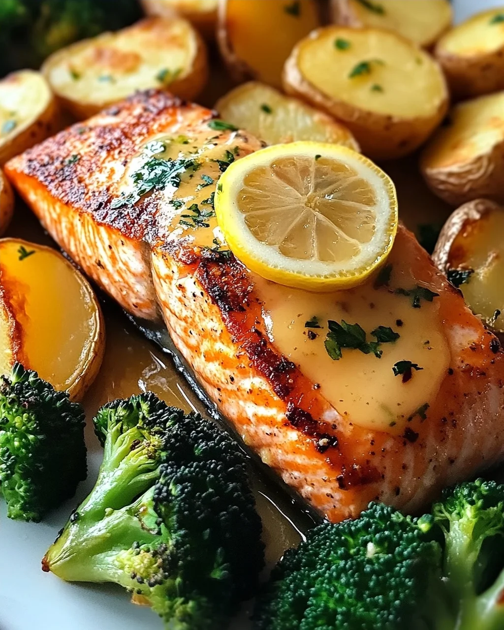 Zitronenbutterlachs mit knusprigen Kartoffeln und Brokkoli