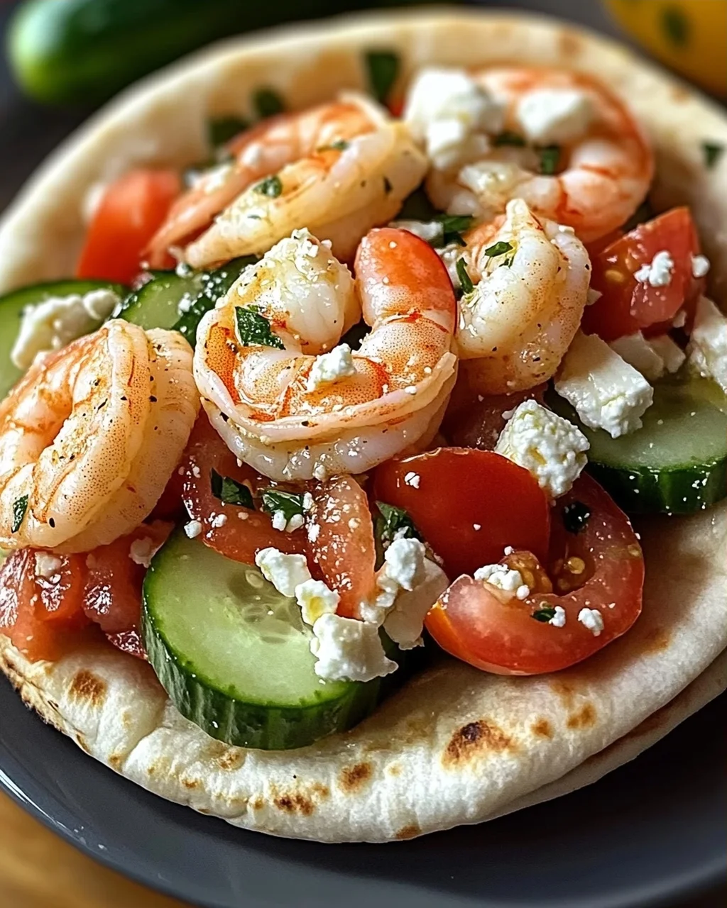 Griechische Salat Pita Taschen mit Garnelen schnell zubereitet
