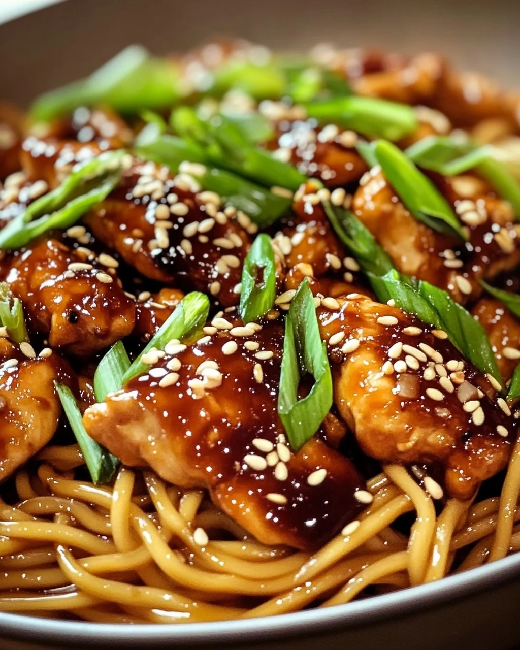 Leckere Hähnchen Teriyaki Nudeln mit Sesam & Frühlingszwiebeln