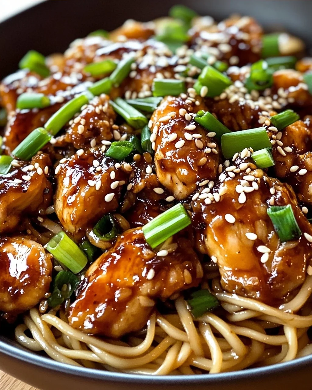 Leckere Hähnchen Teriyaki Nudeln mit Sesam & Frühlingszwiebeln