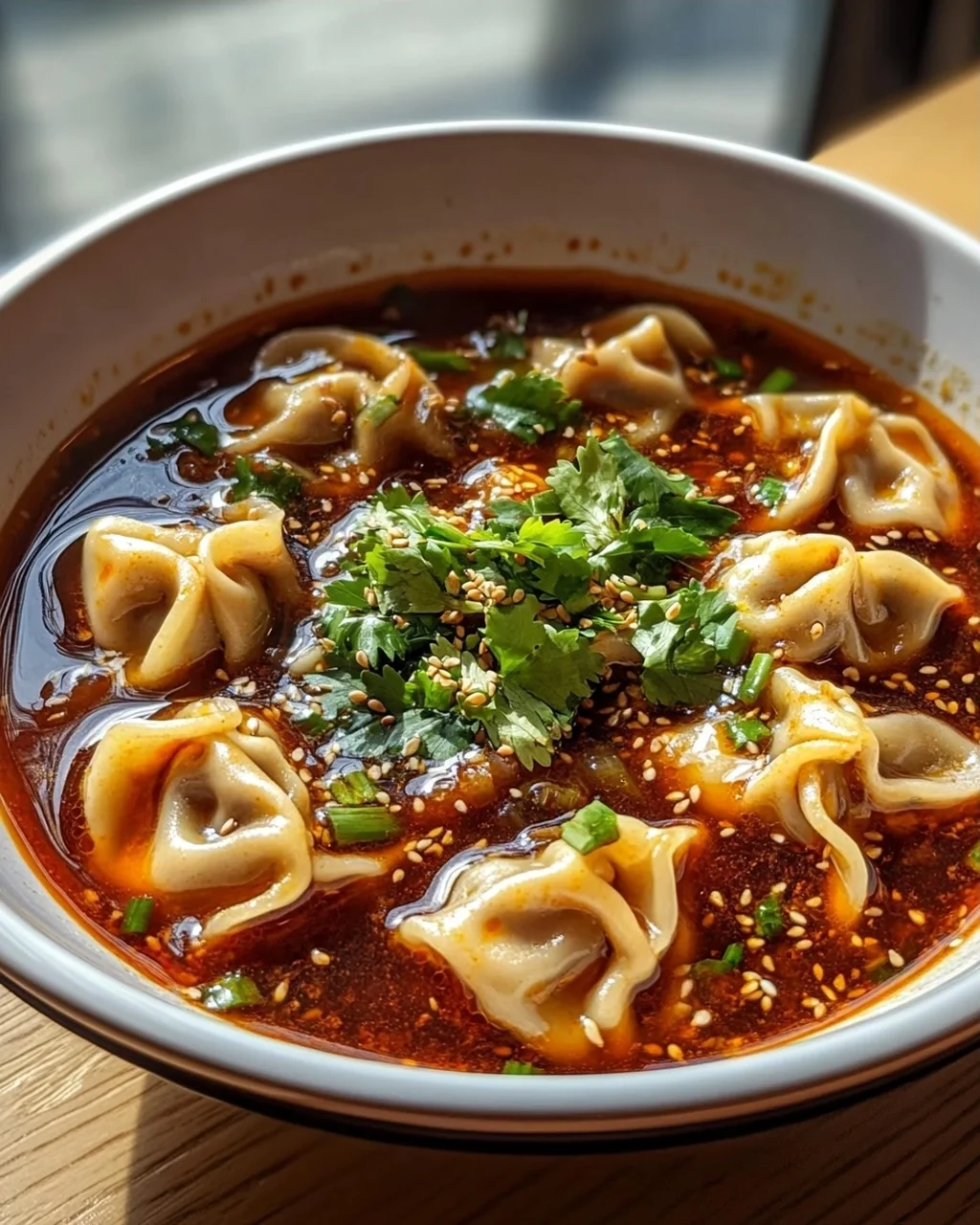 Scharfe Sichuan Wonton Suppe mit feuriger Chili-Knoblauch-Sauce