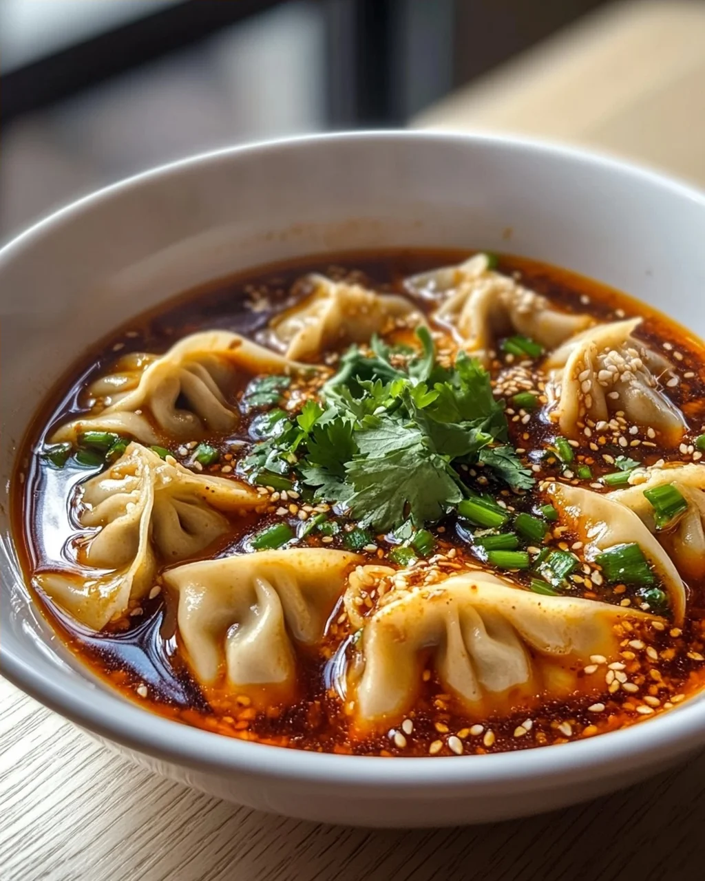 Scharfe Sichuan Wonton Suppe mit feuriger Chili-Knoblauch-Sauce