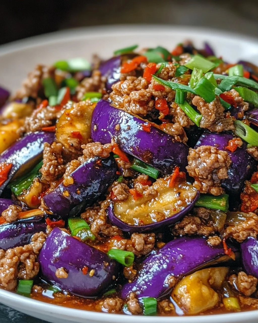 Scharfe Szechuan-Auberginen-Pfanne mit Rinderhackfleisch