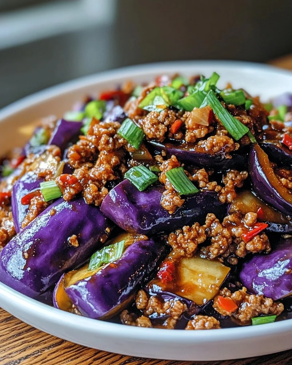 Scharfe Szechuan-Auberginen-Pfanne mit Rinderhackfleisch