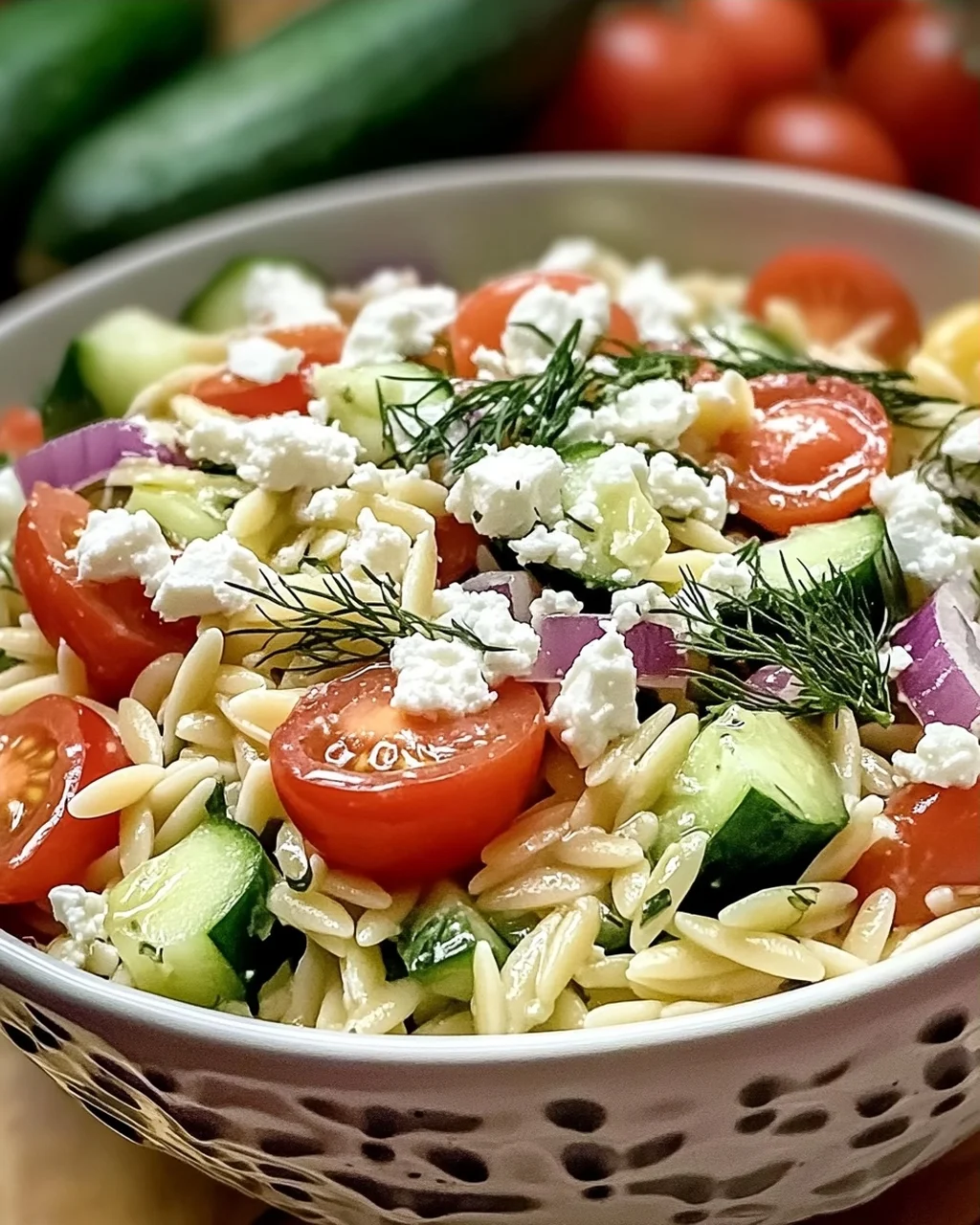 Schneller mediterraner Orzo-Pasta-Salat für heiße Tage