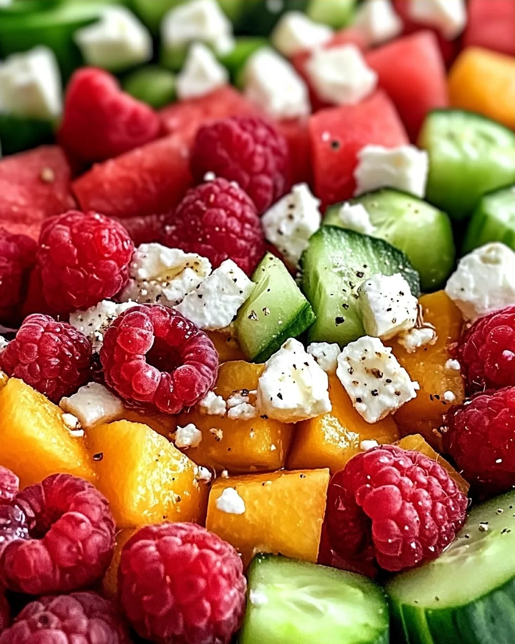 Sommersalat mit Melone, Gurke und Himbeeren