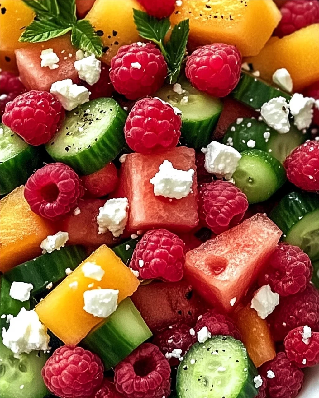 Sommersalat mit Melone, Gurke und Himbeeren