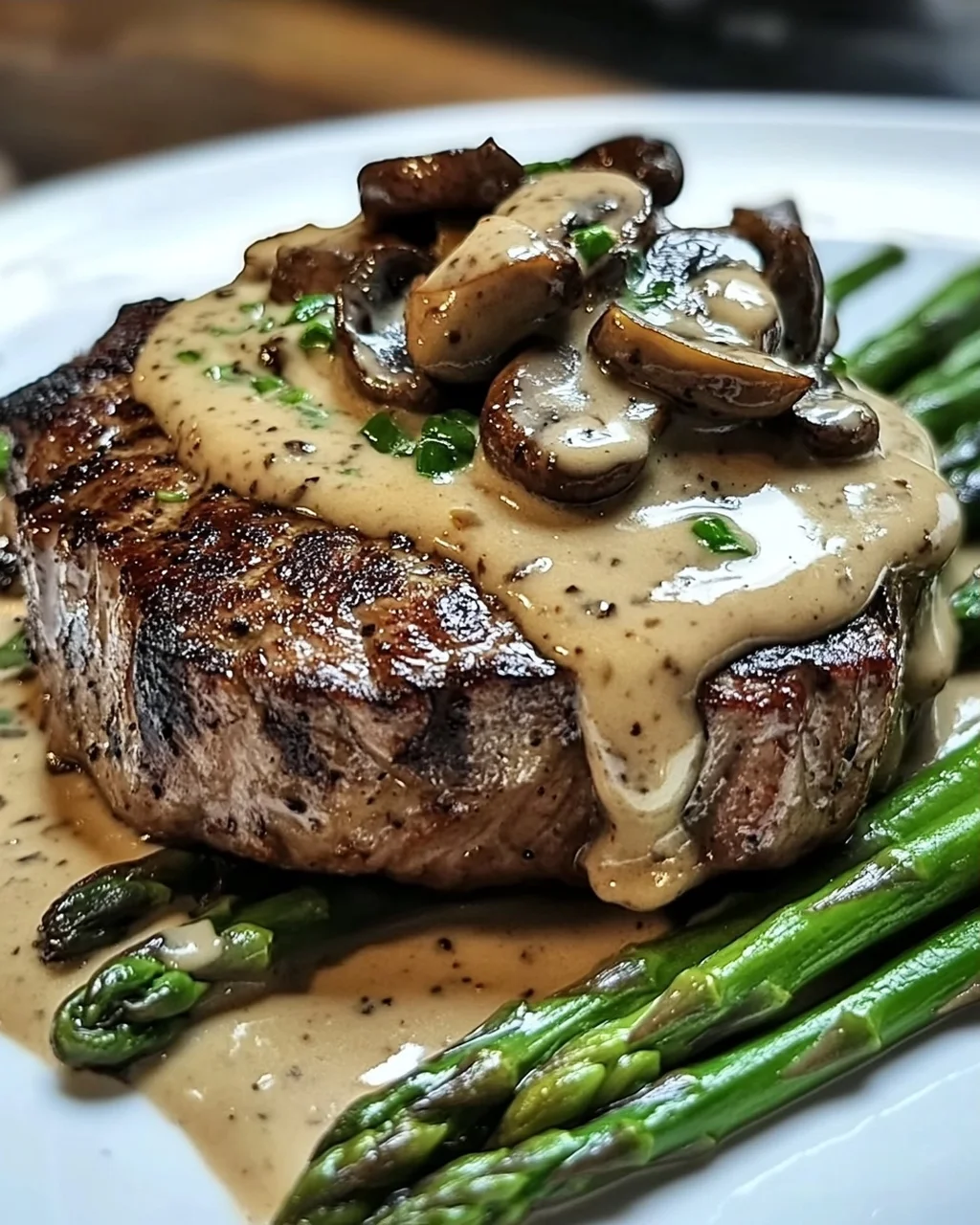 Steak mit cremiger Pilzsauce und Spargel genießen