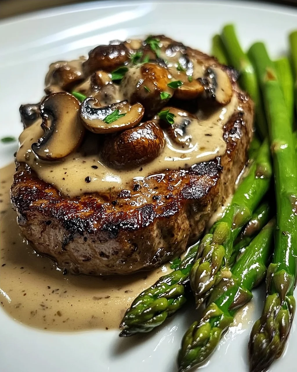 Steak mit cremiger Pilzsauce und Spargel genießen