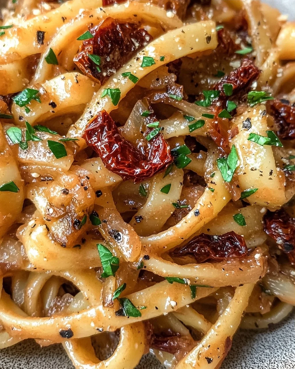 Veganisierte karamellisierte Zwiebel Pasta für Genießer
