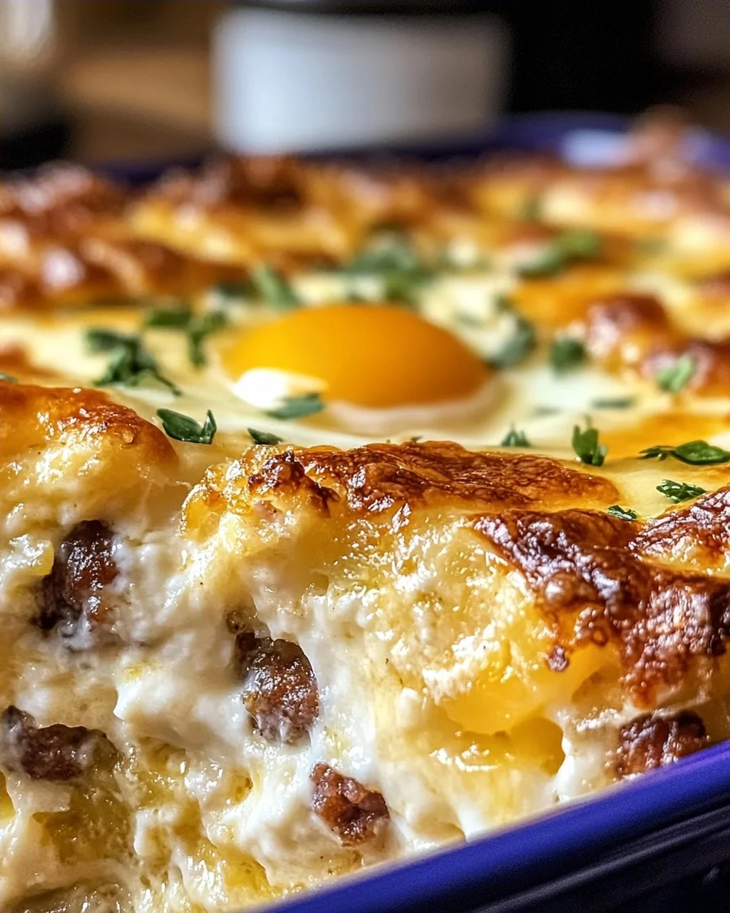 Wurst Eier und Frischkäse Rösti Auflauf für Frühstücksfreunde